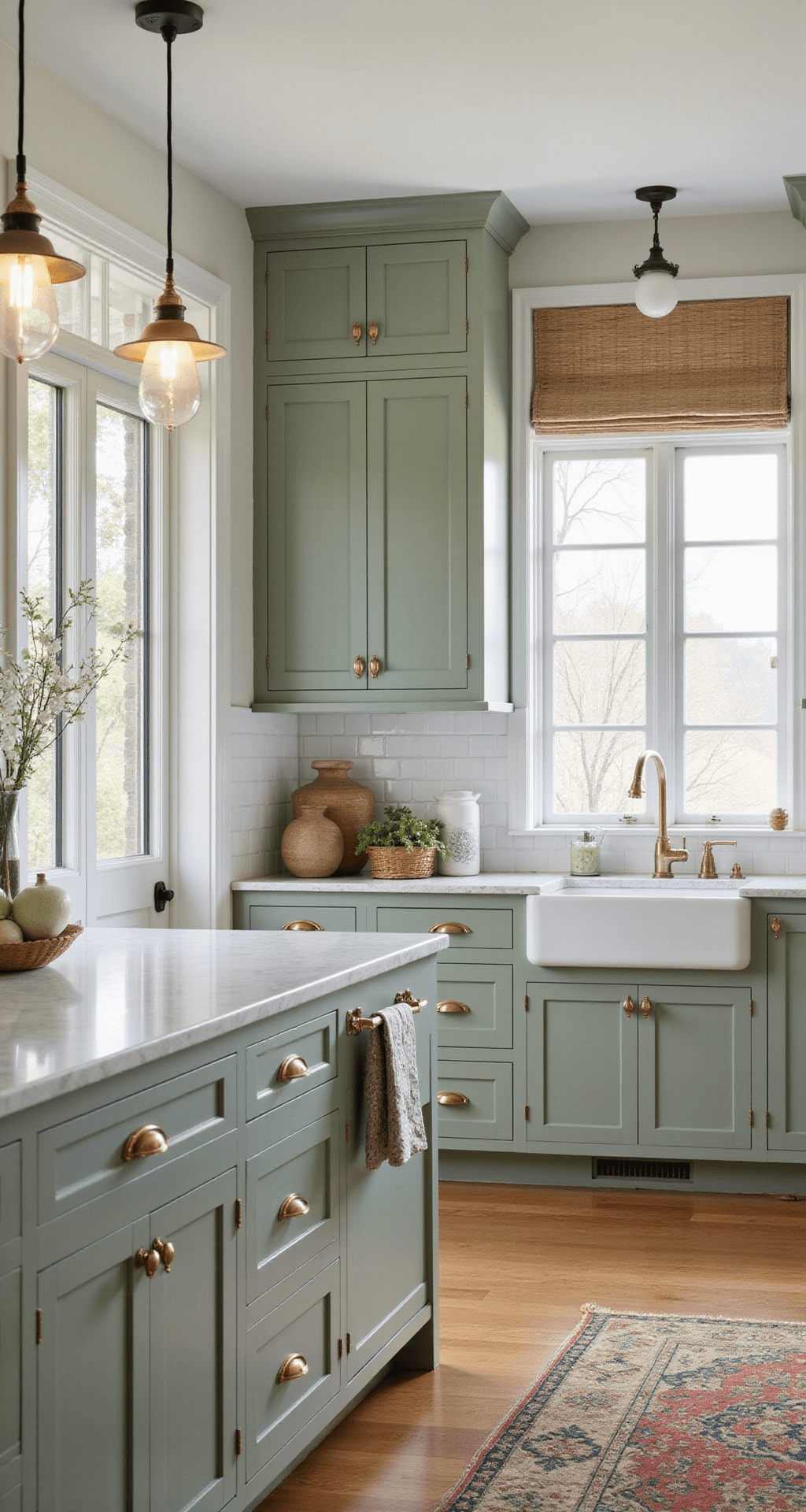 Stylish Kitchen Cabinet Ideas for 2025: Transforming Your Culinary Space A spacious modern farmhouse kitchen with sage green Shaker-style cabinets, white marble countertops, and a farmhouse sink, illuminated by morning sunlight through west-facing windows. Vintage pendant lights hang above a central island, with hardwood floors and decorative ceramic vessels completing the elegant design.