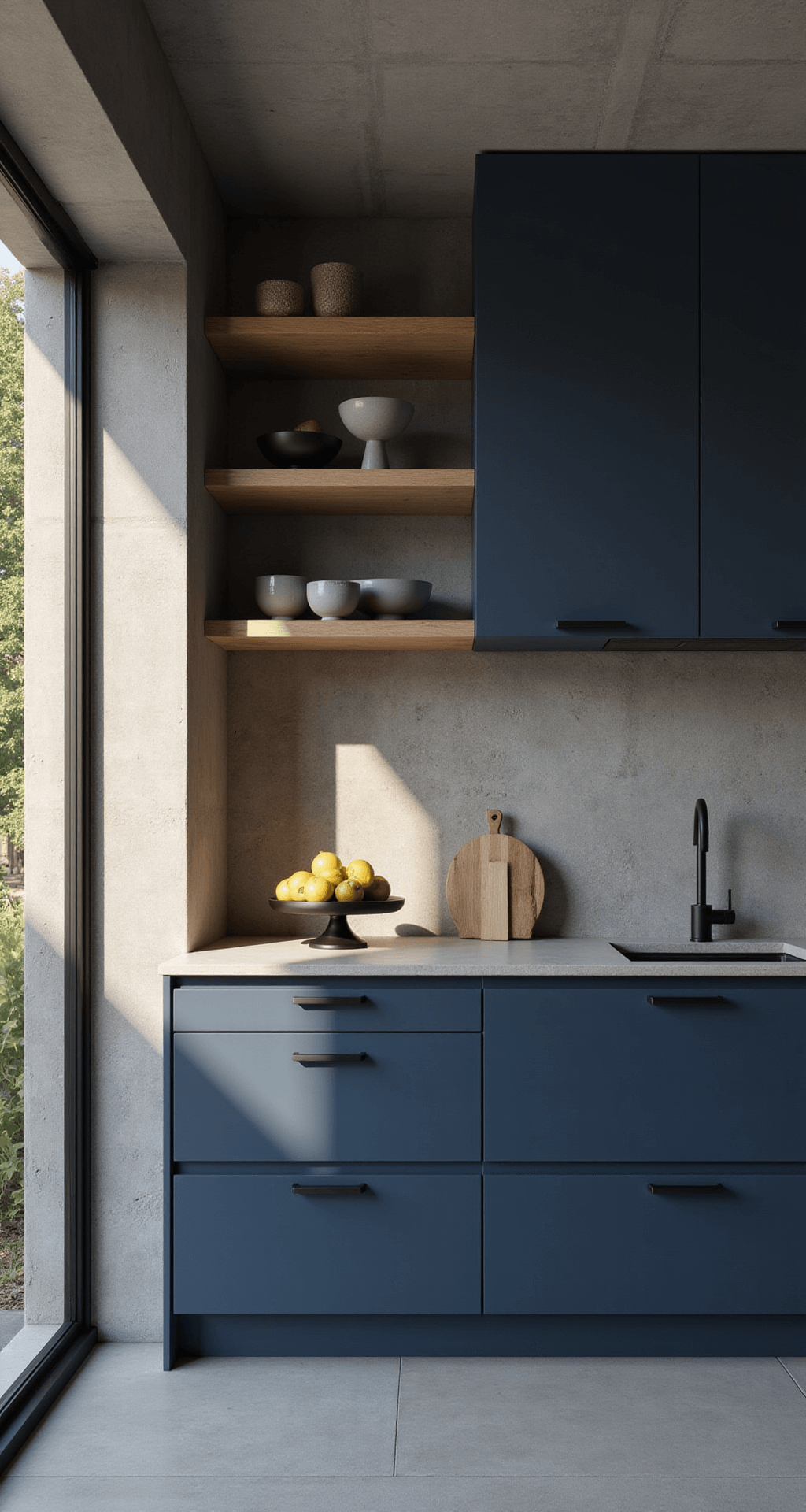 Stylish Kitchen Cabinet Ideas for 2025: Transforming Your Culinary Space Contemporary kitchen featuring deep navy blue slab-front cabinets, matte black fixtures, and warm wood open shelving, illuminated by late afternoon light casting strong shadows against industrial concrete walls.