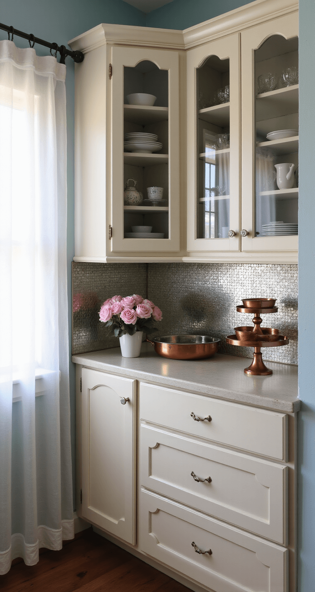 Stylish Kitchen Cabinet Ideas for 2025: Transforming Your Culinary Space Intimate kitchen with cream cabinets, crystal knobs, soft daylight, pastel blue walls, antiqued mirror backsplash, fresh flowers, vintage cake stands, and copper cookware.