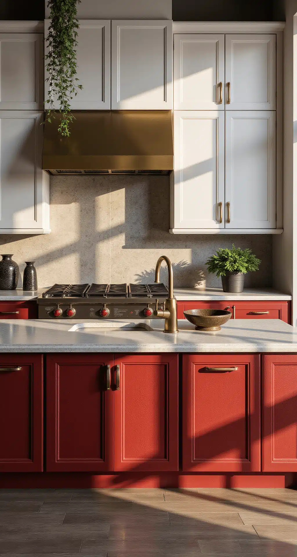 Stylish Kitchen Cabinet Ideas for 2025: Transforming Your Culinary Space Bold kitchen with ruby red lower cabinets and warm white upper cabinets, illuminated by golden hour light, featuring a waterfall quartz island, brass fixtures, black stone accessories, and trailing plants, showcasing a modern glamour and industrial chic aesthetic.