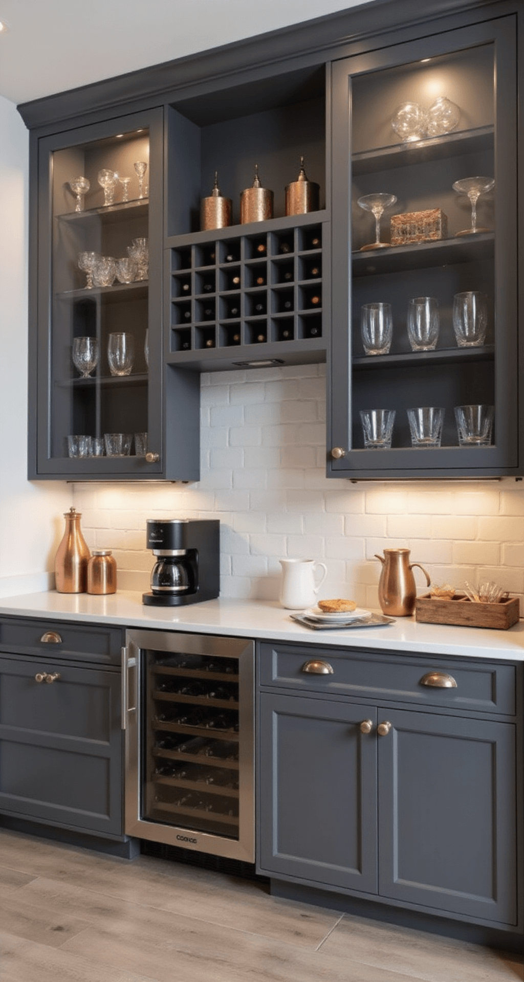 Stylish Kitchen Cabinet Ideas for 2025: Transforming Your Culinary Space A luxurious 13x16ft kitchen with a dedicated beverage station, featuring charcoal grey glass-front cabinets, recessed lighting, custom wine storage, and a coffee bar, seamlessly integrated appliances, and elegant styling with glassware and metallic accents.
