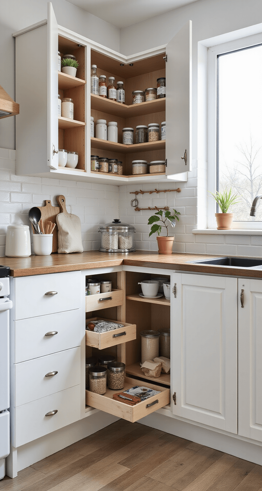 Stylish Kitchen Cabinet Ideas for 2025: Transforming Your Culinary Space Compact kitchen design with floor-to-ceiling white cabinets and light wood accents, featuring pull-out pantry, corner organizers, labeled containers, and fold-away workspace, shot from an elevated angle to showcase space efficiency and natural light.