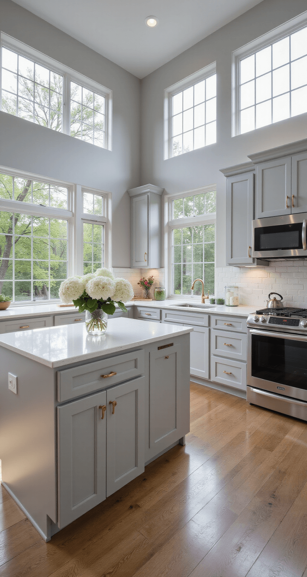 Grey Kitchen Cabinets: The Ultimate Style Solution for Modern Homes Spacious modern kitchen with dove grey shaker cabinets, white quartz countertops, and stainless steel appliances, featuring an L-shaped layout, a large island with fresh hydrangeas, and natural oak flooring, all illuminated by morning light through floor-to-ceiling windows.