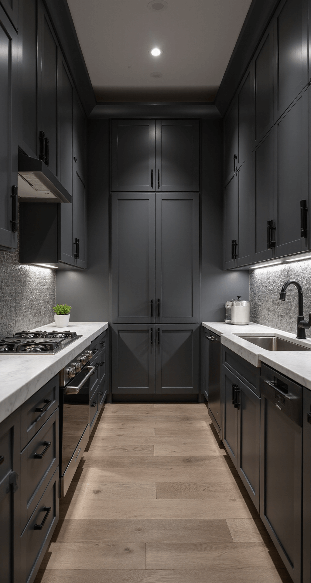 Grey Kitchen Cabinets: The Ultimate Style Solution for Modern Homes Dramatic interior of a galley kitchen at dusk, featuring high-gloss charcoal grey cabinets, white marble countertops, and a textured grey ceramic backsplash, all illuminated by under-cabinet LEDs and accent lighting for a moody atmosphere.
