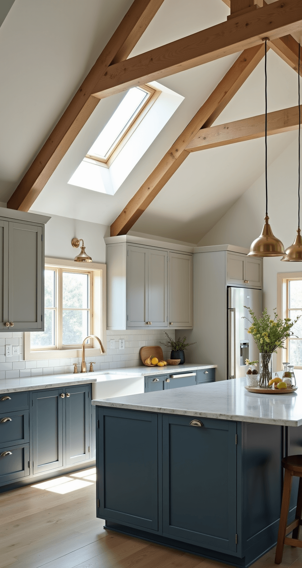 Grey Kitchen Cabinets: The Ultimate Style Solution for Modern Homes Brightly lit kitchen with two-tone cabinetry in light dove grey and deep blue-grey, featuring a vaulted ceiling with exposed wooden beams, brass pendant lights over a grey quartz island, and a white subway tile backsplash extending to the ceiling, all illuminated by sunlight streaming through skylights.