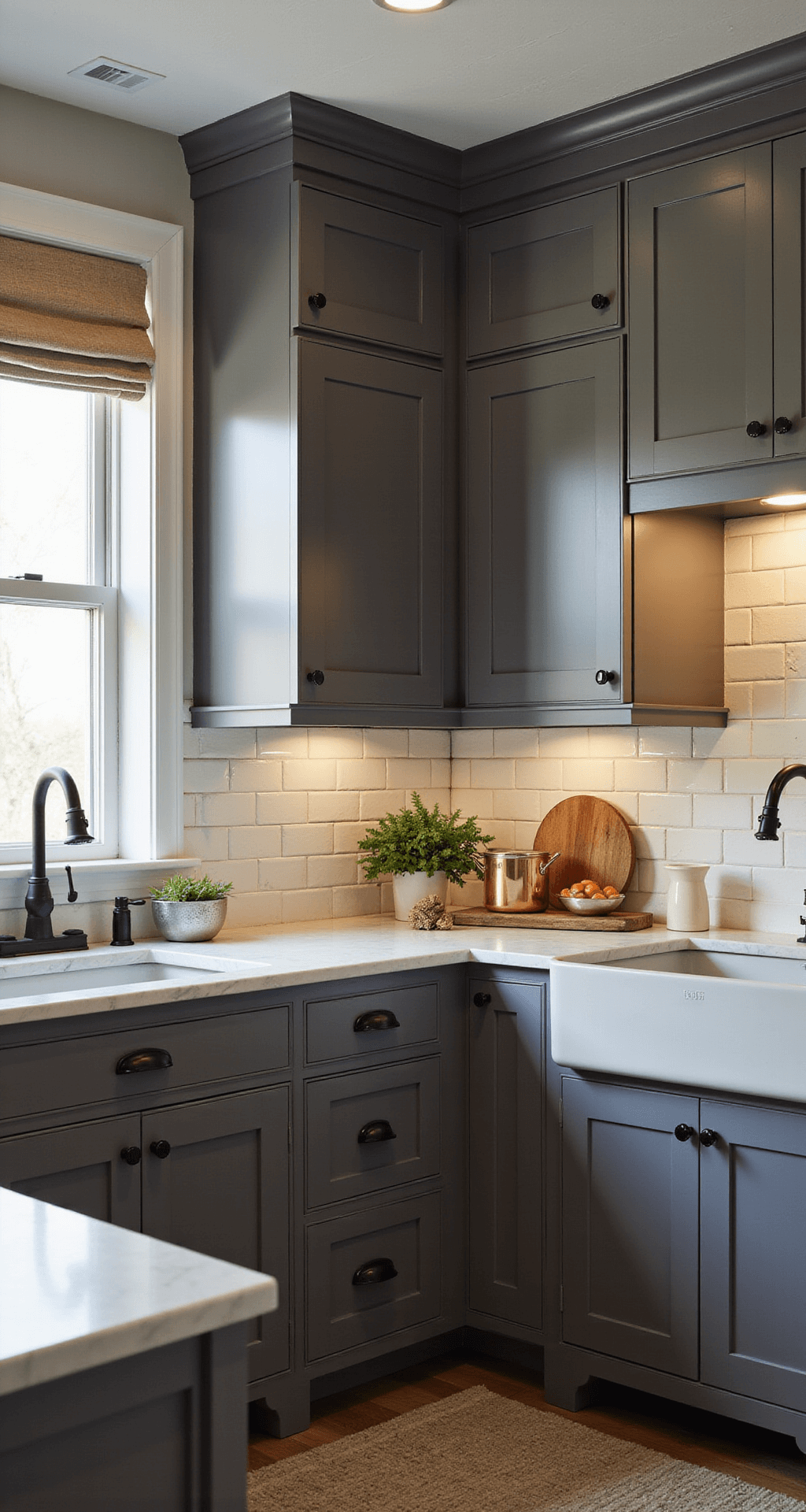 Grey Kitchen Cabinets: The Ultimate Style Solution for Modern Homes Intimate corner view of a modern farmhouse kitchen featuring smoky grey cabinets, white marble counters, and pale grey farmhouse sink, illuminated by golden hour light filtering through cafe curtains, with copper cookware and fresh herbs styled decoratively.