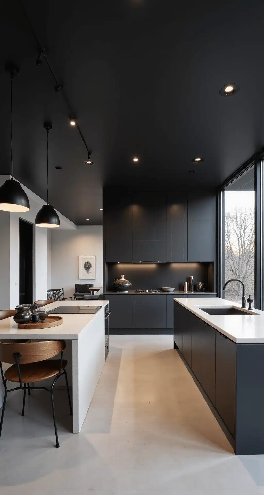 Grey Kitchen Cabinets: The Ultimate Style Solution for Modern Homes Contemporary open-concept kitchen featuring a 10ft flat black ceiling, floor-to-ceiling charcoal grey cabinets, and a bright white waterfall quartz island, with dramatic evening lighting from modern black pendant fixtures, styled minimally with geometric ceramics and metallic accents.