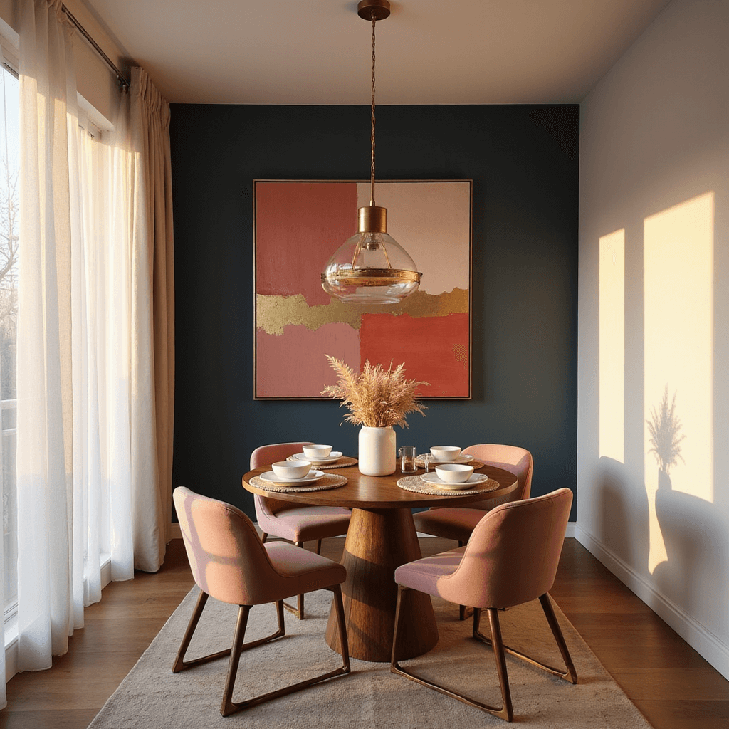 Apartment Dining Room Decor: Transform Your Small Space into a Stylish Sanctuary Cozy dining area in a 12x14ft apartment at golden hour, featuring a round walnut table with brass accents, surrounded by dusty rose velvet chairs. Sunlight filters through sheer curtains, casting shadows on a navy accent wall adorned with coral and gold abstract art. A modern brass pendant light hangs above, with white ceramic plates and linen napkins styled on the table, complemented by a low pampas grass arrangement.