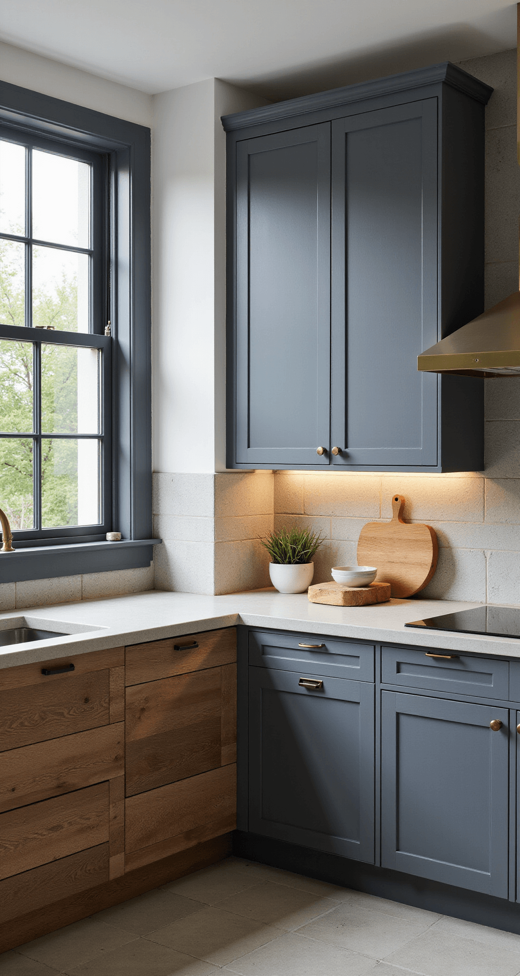 Grey Kitchen Cabinets: The Ultimate Style Solution for Modern Homes Airy corner kitchen featuring mixed material grey cabinets with textured wood grain lowers and smooth blue-grey painted uppers, framed by industrial-style black metal windows overlooking a garden. Concrete countertops and brass hardware offer an industrial yet warm feel, complemented by natural elements and ceramics, illuminated by morning light and soft fill lighting.