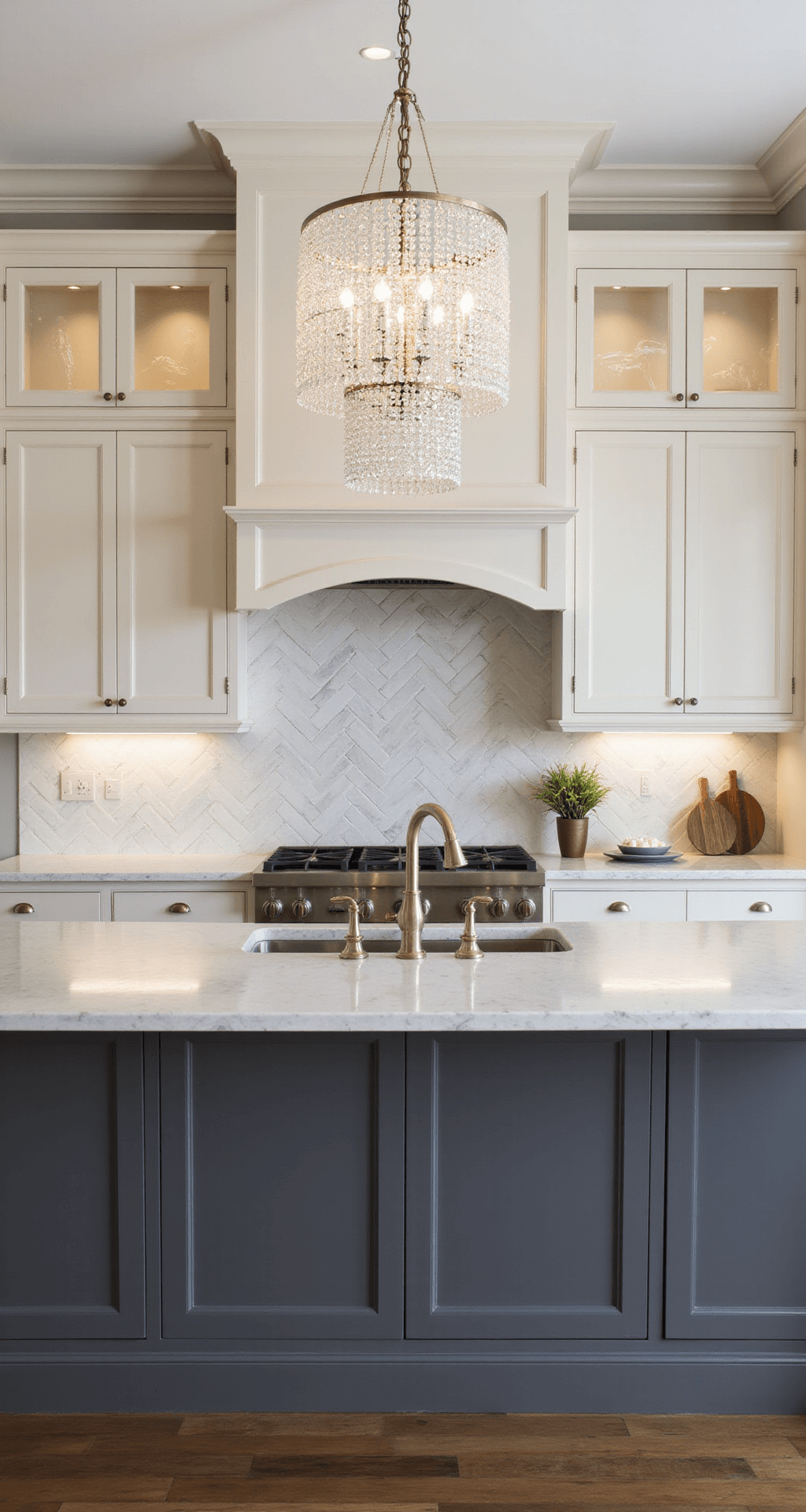 Painted Kitchen Cabinets: A Complete DIY Transformation Guide Transitional kitchen design, 12x14ft, featuring two-tone painted cabinets in cream and charcoal, a crystal chandelier over the island, and a herringbone marble backsplash, captured straight-on to highlight symmetry and elegance.