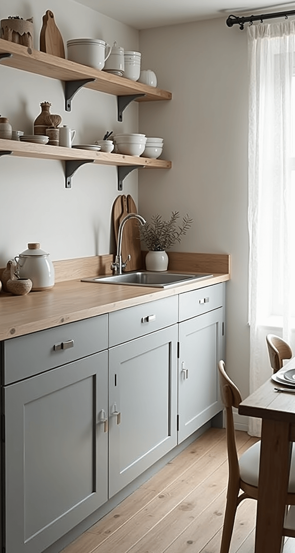 Painted Kitchen Cabinets: A Complete DIY Transformation Guide A Scandinavian-inspired kitchen featuring light gray painted cabinets, natural wood accents, and minimal styling. The scene captures diffused afternoon light through sheer curtains, highlighting white ceramics and pale wood cutting boards, shot from above to emphasize clean lines and organization.