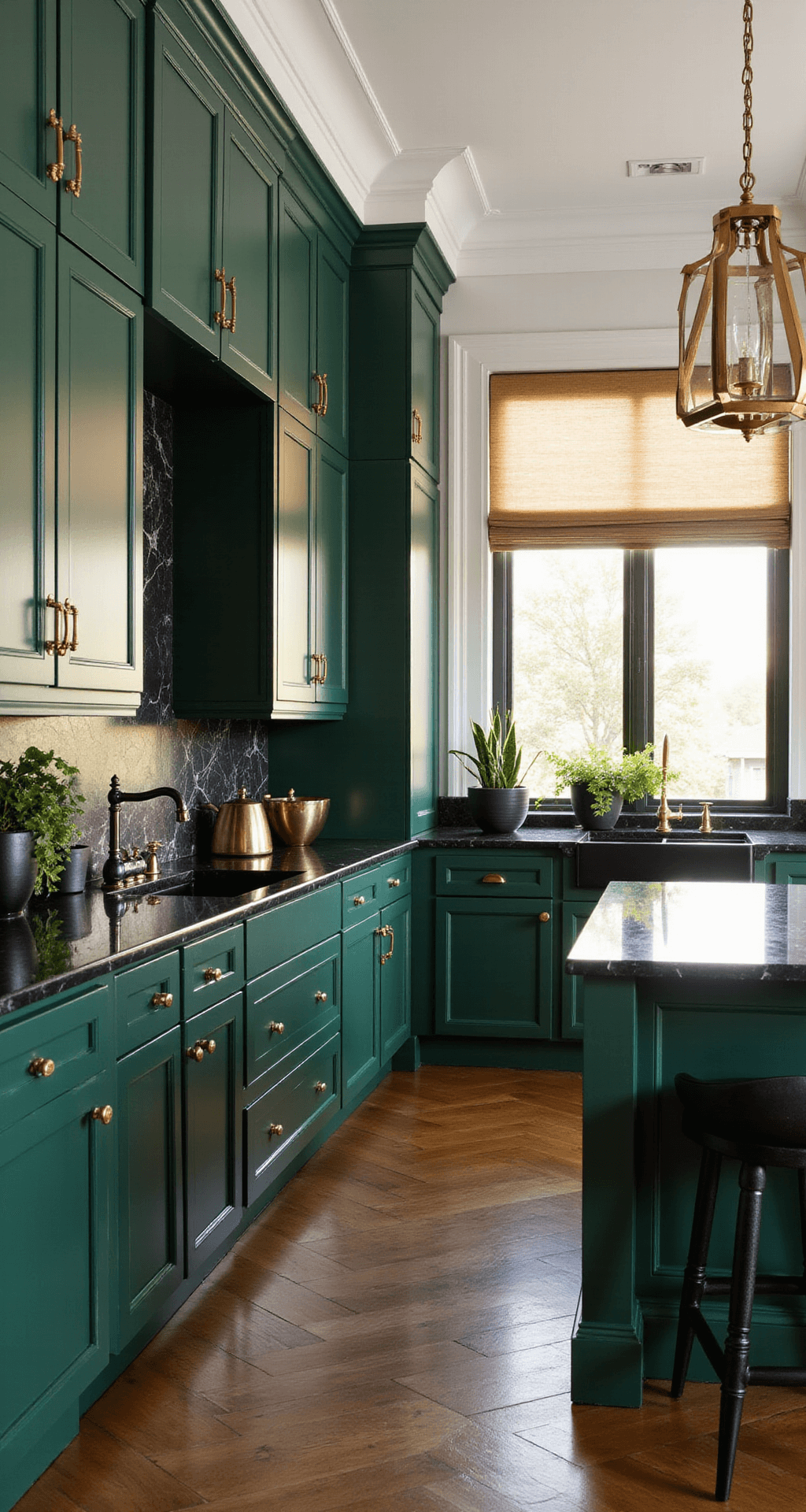 Green Kitchen Cabinets: Transform Your Culinary Space with Nature's Favorite Hue An elegant L-shaped kitchen with emerald green high-gloss cabinets and brass hardware, featuring black marble countertops and a geometric brass chandelier, styled with black matte ceramics and pothos plants, viewed from counter height towards the dining area during golden hour.
