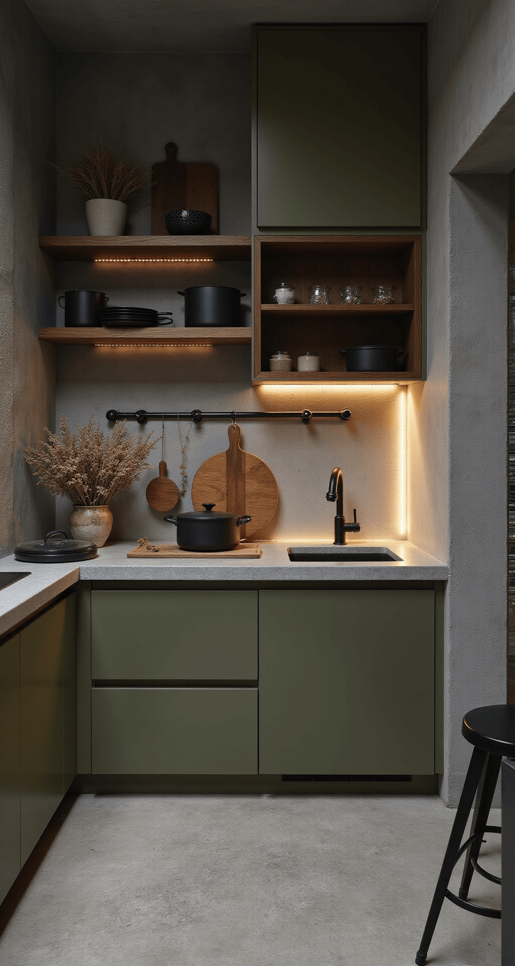 Green Kitchen Cabinets: Transform Your Culinary Space with Nature's Favorite Hue Intimate galley kitchen featuring olive green flat-panel cabinets and walnut open shelving, highlighted by concrete countertops and industrial black pipe hardware, captured in moody blue hour lighting with warm under-cabinet LEDs, styled with vintage cutting boards and matte black cookware.