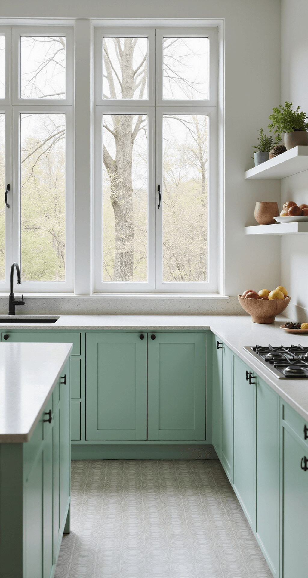 Green Kitchen Cabinets: Transform Your Culinary Space with Nature's Favorite Hue A minimalist Nordic kitchen featuring mint green slab-front cabinets and terrazzo countertops, illuminated by double-height windows. The design includes handleless cabinets, floating white oak shelves, and a geometric floor pattern. Styled with Scandinavian ceramics, linen textiles, and a sculptural fruit bowl, highlighting subtle color variations in the cabinet finish.