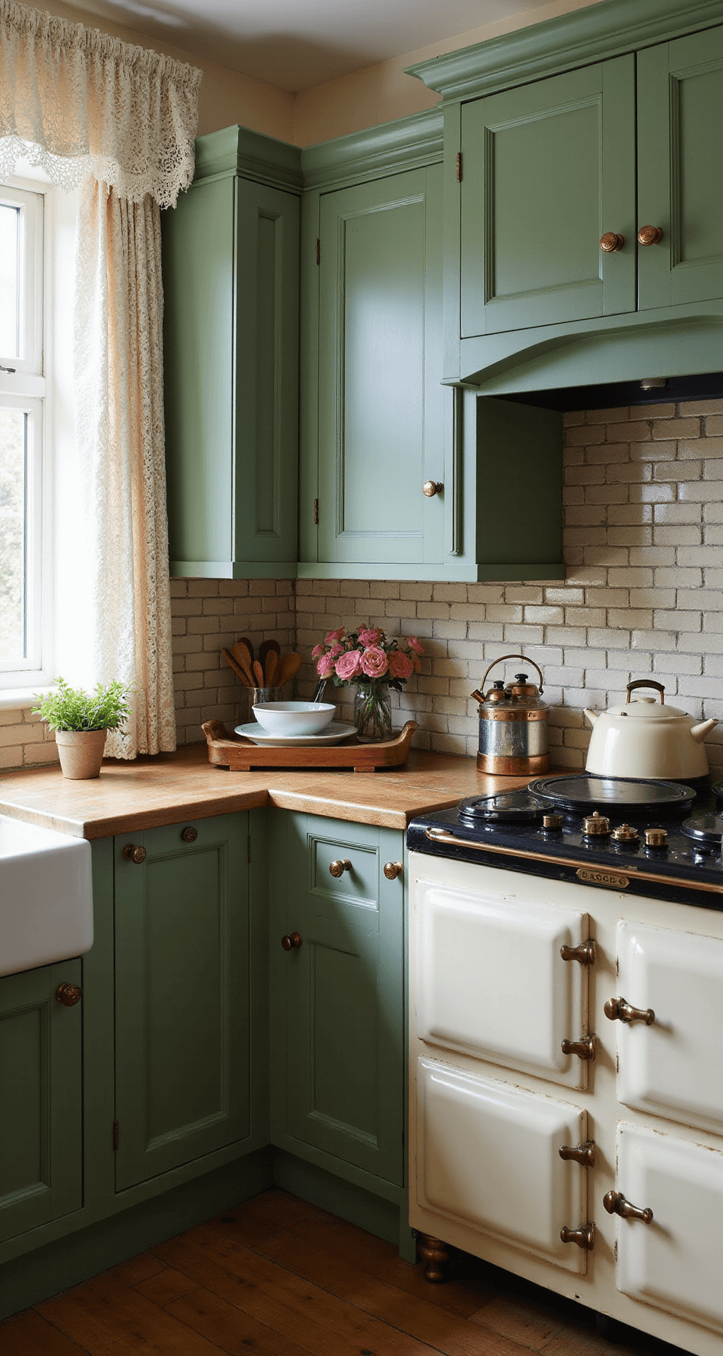 Green Kitchen Cabinets: Transform Your Culinary Space with Nature's Favorite Hue Cozy cottage kitchen featuring hunter green raised-panel cabinets, a cream AGA range, and a textured subway tile backsplash. Warm afternoon light filters through lace curtains, highlighting vintage copper hardware and English ironstone collection, alongside fresh flowers and wooden utensils for a lived-in atmosphere.