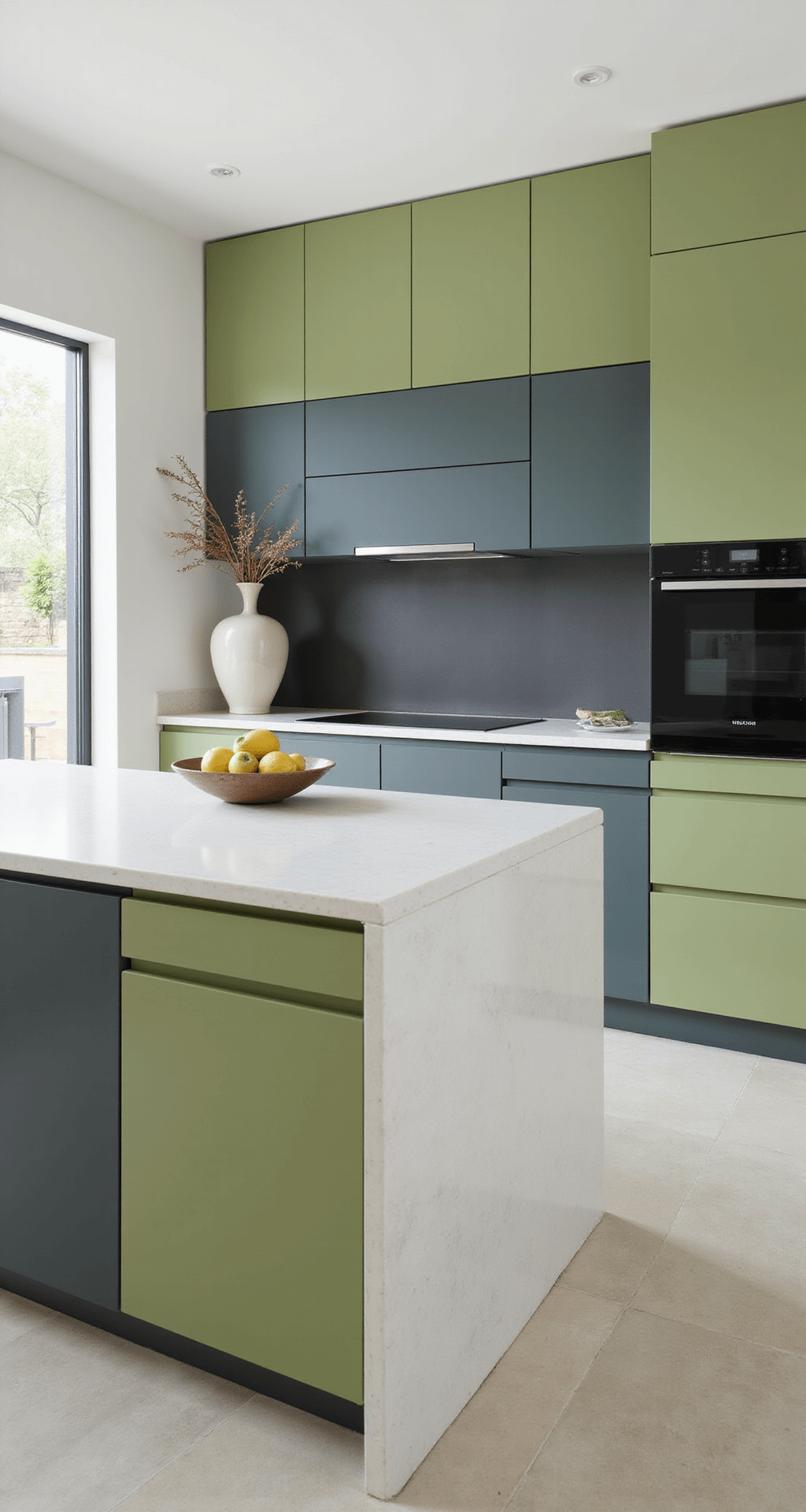 Green Kitchen Cabinets: Transform Your Culinary Space with Nature's Favorite Hue Contemporary open-concept kitchen with two-tone pistachio and charcoal green cabinets, white engineered stone waterfall island, and diffused natural light from floor-to-ceiling windows, styled with minimal accessories.