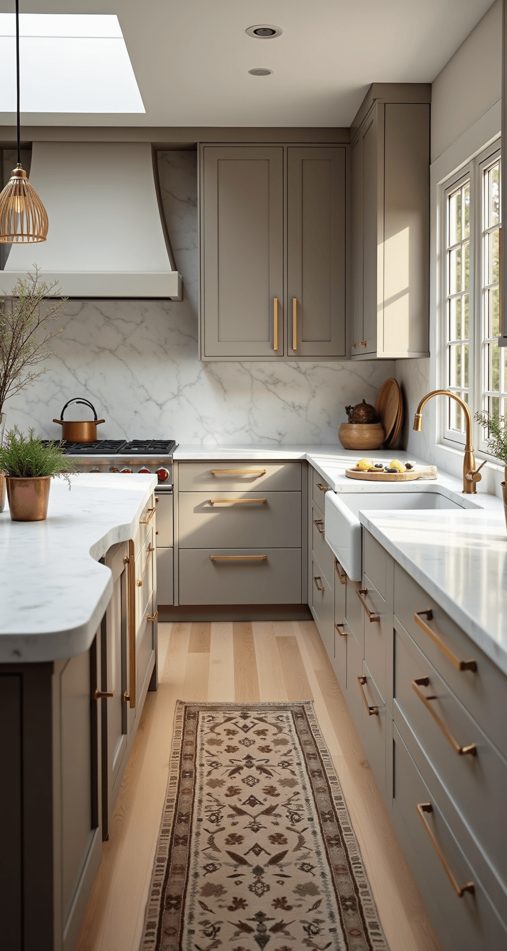 Taupe Kitchen Cabinets: The Ultimate Guide to Warm, Sophisticated Design A modern kitchen featuring light taupe cabinets with brass hardware, veined white quartz countertops, and a large central island with a waterfall edge, all illuminated by morning light through floor-to-ceiling windows, with natural white oak flooring and decorative elements like artisan ceramics and fresh herbs.