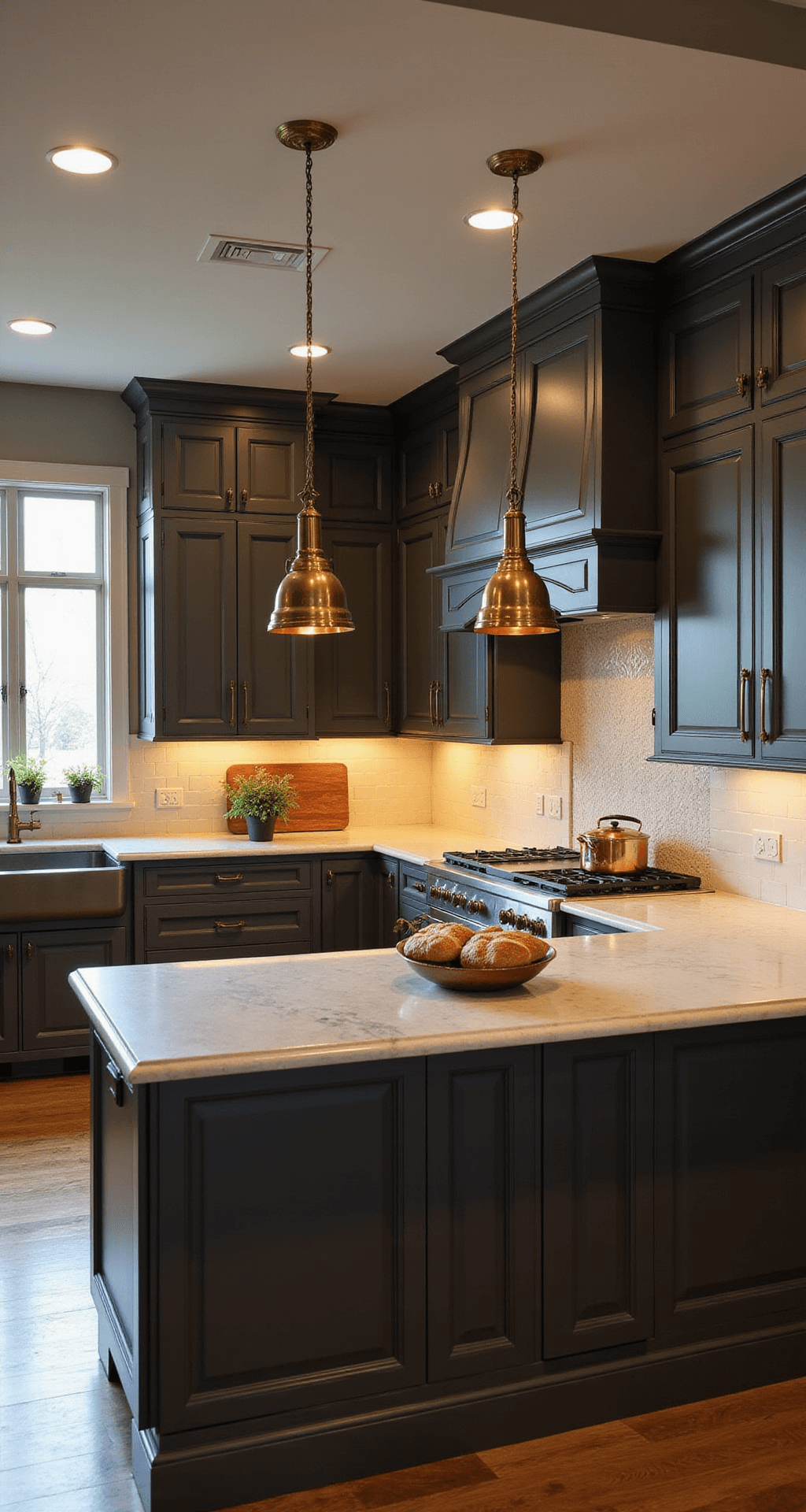 Taupe Kitchen Cabinets: The Ultimate Guide to Warm, Sophisticated Design Corner kitchen at golden hour featuring dark taupe cabinets, 10ft tray ceilings, antique brass pendant lights over a marble island, and cream zellige tile backsplash, styled with copper cookware and trailing ivy plants.