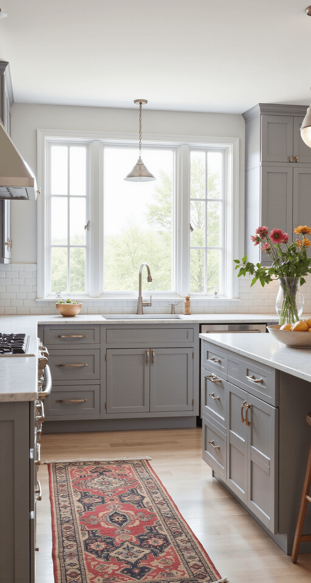 Taupe Kitchen Cabinets: The Ultimate Guide to Warm, Sophisticated Design Bright, spacious kitchen with medium taupe shaker cabinets, white subway tile backsplash, and double-height windows, featuring a vintage Persian runner and marble fruit bowl, illuminated by diffused afternoon light and balanced artificial lighting.