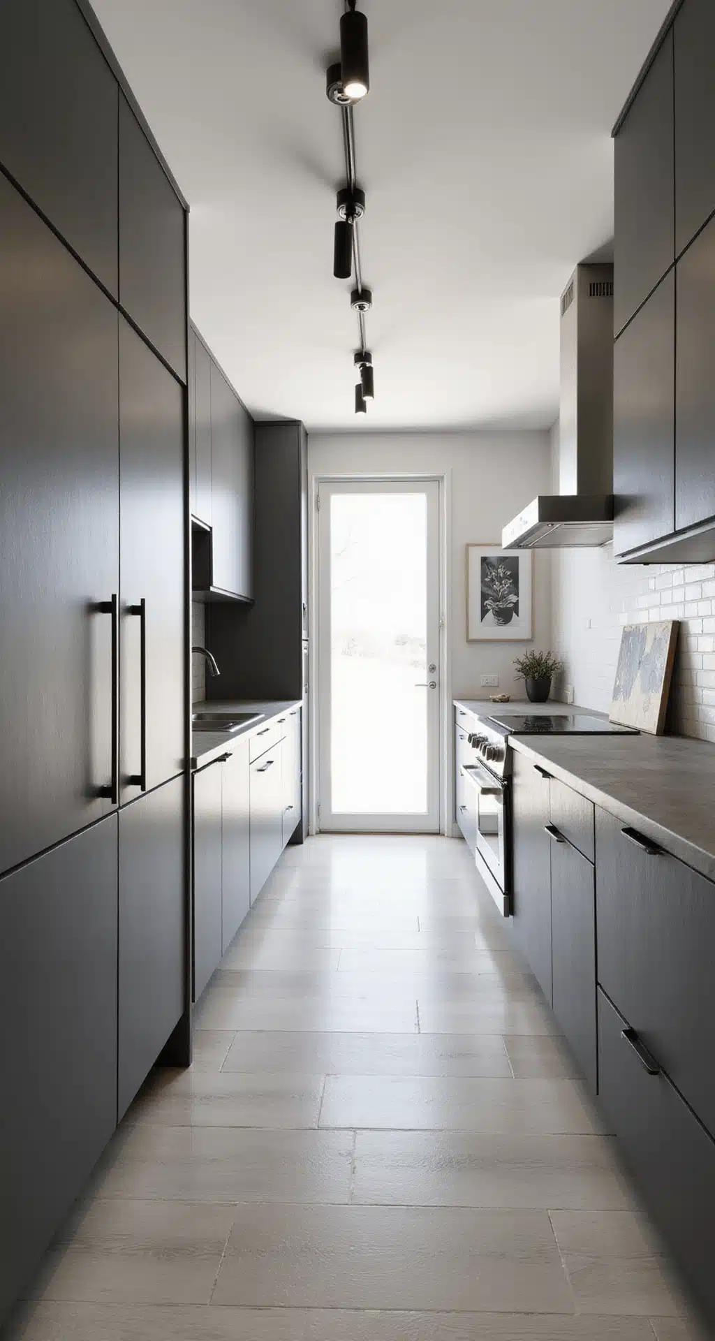 Taupe Kitchen Cabinets: The Ultimate Guide to Warm, Sophisticated Design Minimalist galley kitchen featuring gray-taupe flat-panel cabinets, modern track lighting, stainless steel appliances, and concrete countertops, styled with Scandinavian accessories and monochrome art under cool morning light.
