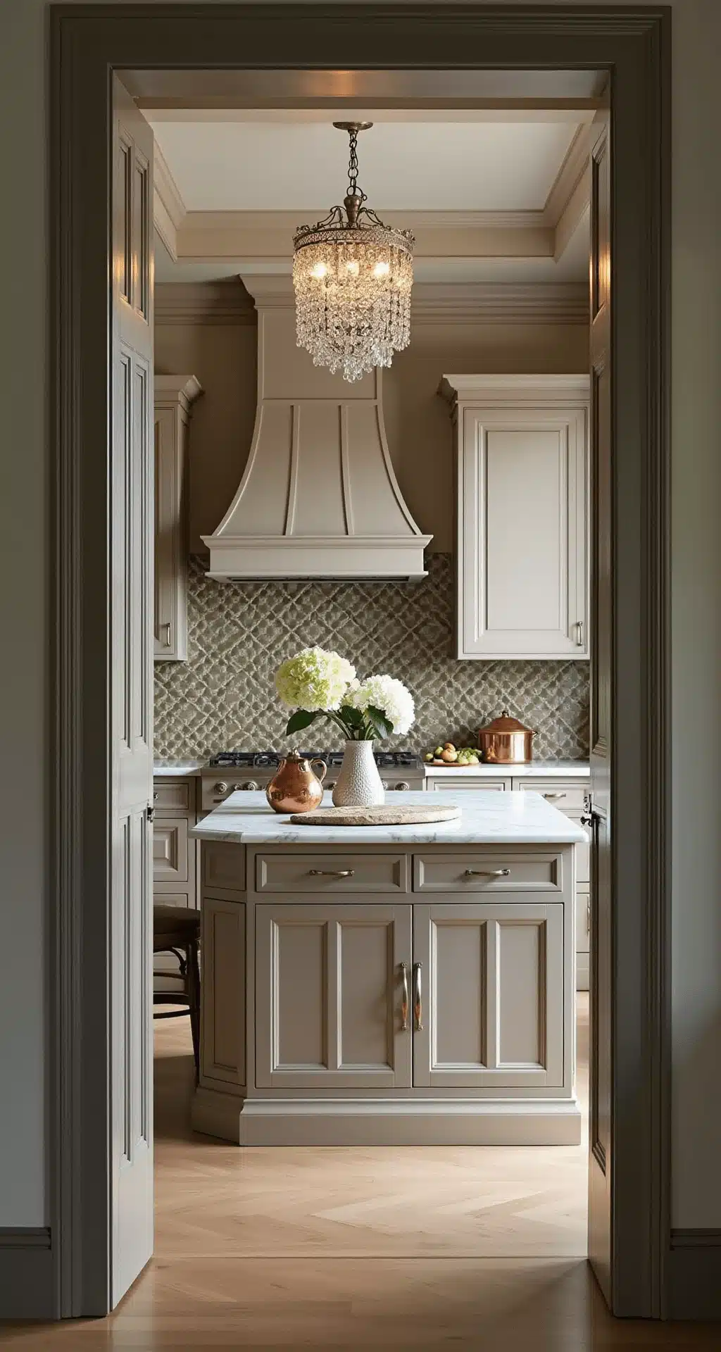 Taupe Kitchen Cabinets: The Ultimate Guide to Warm, Sophisticated Design Traditional kitchen with taupe raised-panel cabinets, coffered 9ft ceilings, and a crystal chandelier. Luxurious Calacatta gold marble counters, an antiqued mirror backsplash, copper pots, fresh hydrangeas, and vintage silver accessories are featured, all illuminated by dramatic afternoon lighting.