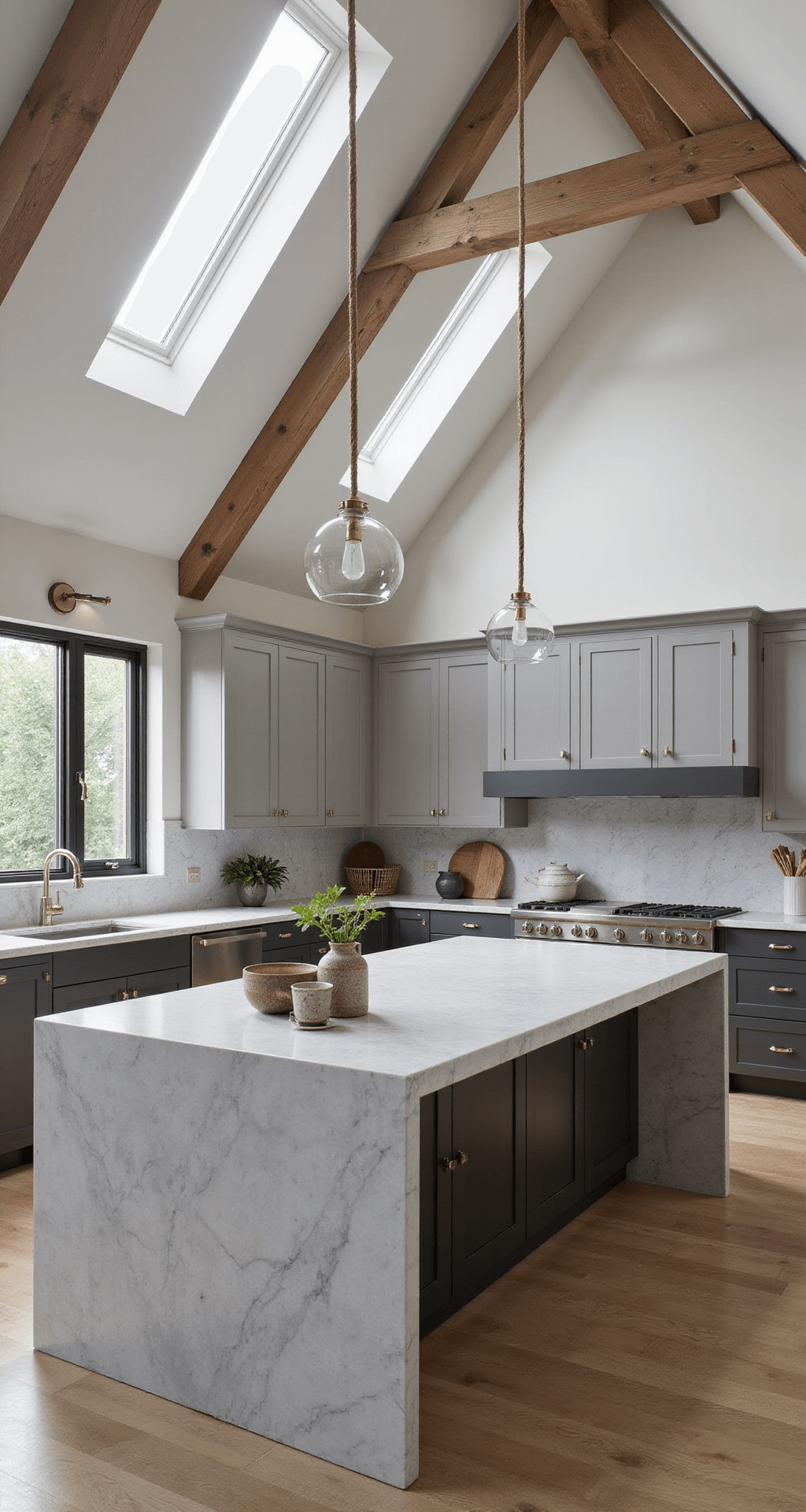 Taupe Kitchen Cabinets: The Ultimate Guide to Warm, Sophisticated Design Contemporary open-plan kitchen featuring two-tone taupe cabinets with cathedral ceiling and exposed beams, large island with waterfall quartzite countertop, styled with modern ceramics and minimalist greenery, illuminated by natural skylight.