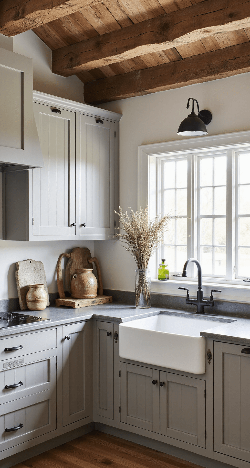 Taupe Kitchen Cabinets: The Ultimate Guide to Warm, Sophisticated Design A cozy farmhouse kitchen with taupe beadboard cabinets and black iron hardware, featuring a 10ft ceiling with rough-hewn wooden beams. The scene includes soapstone counters, a white ceramic farmhouse sink, and rustic decor such as vintage scales, earthenware crocks, and dried herbs, illuminated by morning light streaming through mullioned windows.