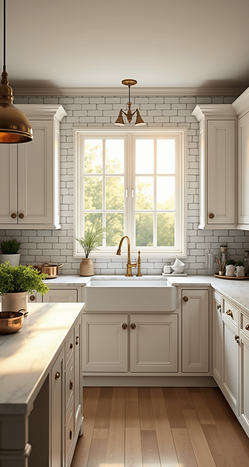 15 Stunning Backsplash Ideas for White Cabinets: Transform Your Kitchen with Style A wide-angle shot of a modern kitchen featuring classic white shaker cabinets, a subway tile backsplash in herringbone pattern with light gray grout, and cream quartz countertops. The space includes a center island with a marble waterfall edge, large windows letting in warm golden hour sunlight, brass hardware, and pendant lights. Natural oak flooring adds warmth, while copper cookware and fresh herbs in white ceramic pots enhance the styling. Professional lighting highlights the tile texture and cabinet details.