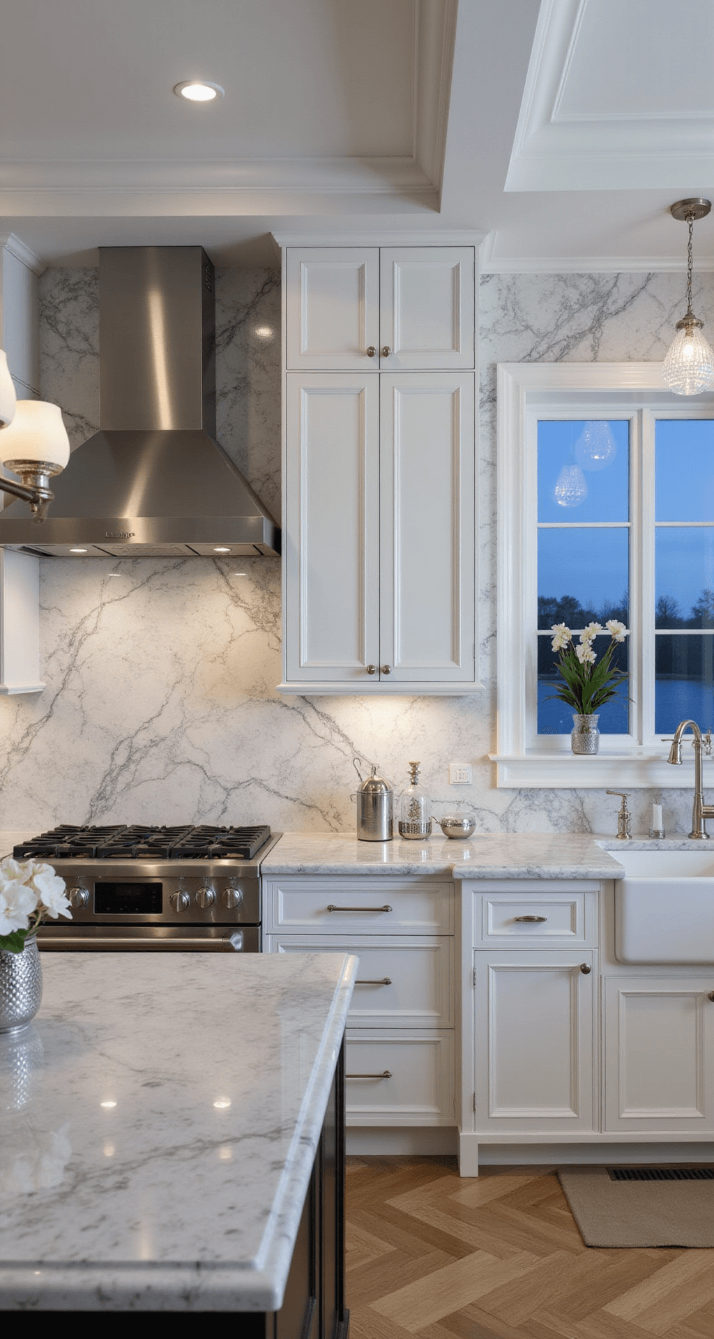 15 Stunning Backsplash Ideas for White Cabinets: Transform Your Kitchen with Style Luxurious kitchen with white inset cabinets and dramatic Calacatta marble backsplash, coffered ceilings, oversized marble slabs, polished nickel fixtures, custom brushed stainless range hood, and a matching marble countertop island, all captured during blue hour with side lighting highlighting the marble's texture and white oak herringbone floors providing contrast. Styled with silver candlesticks, white orchids, and crystal decanters.