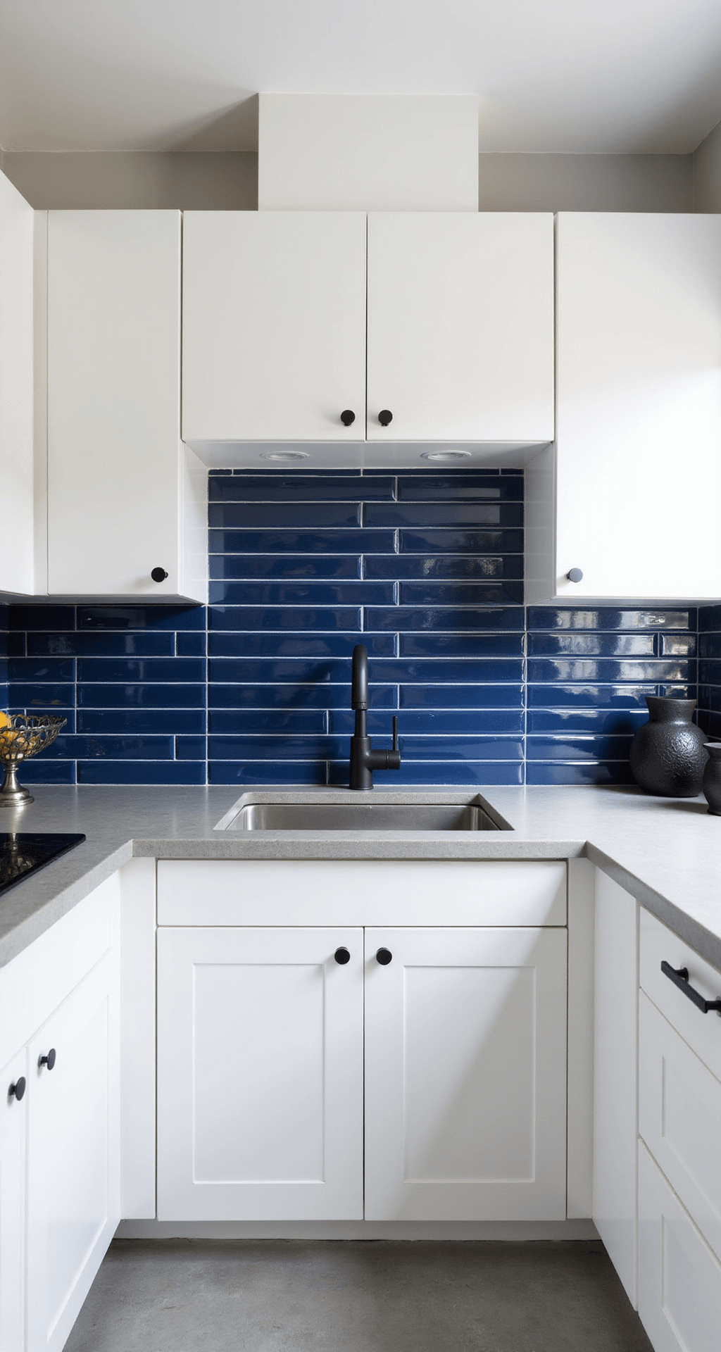 15 Stunning Backsplash Ideas for White Cabinets: Transform Your Kitchen with Style Contemporary kitchen featuring white flat-panel cabinets, a navy blue glass tile backsplash, and concrete countertops, with bright natural light highlighting geometric lines and minimal decor.