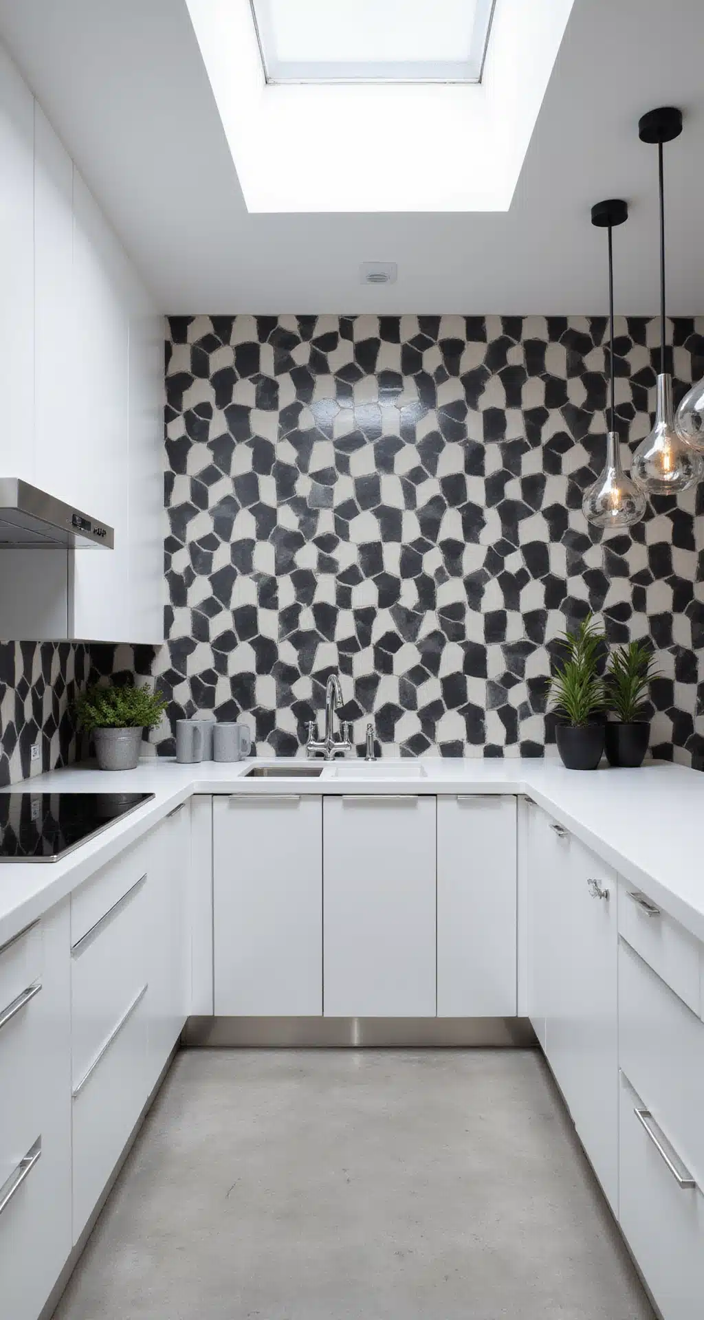 15 Stunning Backsplash Ideas for White Cabinets: Transform Your Kitchen with Style Modern geometric kitchen featuring white flat-front cabinets, a black and white hexagonal tile backsplash, and stark white quartz countertops, illuminated by strong overhead lighting and a skylight, with a focus on a dramatic pattern created by large-scale matte black and glossy white hex tiles, complemented by chrome fixtures and accessories.
