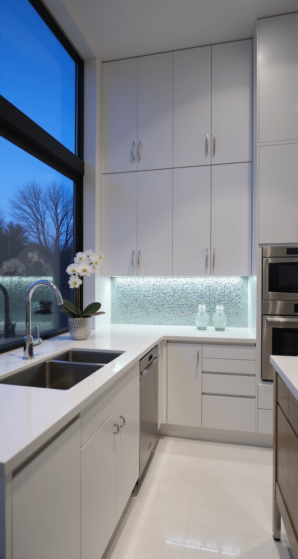 15 Stunning Backsplash Ideas for White Cabinets: Transform Your Kitchen with Style A minimalist kitchen at twilight featuring handleless white cabinets, an iridescent glass mosaic backsplash, and floor-to-ceiling windows. The room is illuminated by LED under-cabinet lighting, showcasing stainless steel appliances, clear glass vessels, and white orchids, with pure white epoxy floors reflecting the glowing colors of the tiles.
