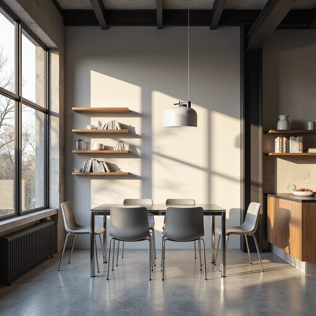 Apartment Dining Room Decor: Transform Your Small Space into a Stylish Sanctuary An overhead view of a stylish 8x10ft dining area featuring a glass extendable table with chrome details, soft gray stackable chairs, and geometric shadows from steel-framed windows. One wall has floating walnut shelves with white ceramics and cookbooks, illuminated by a minimalist white pendant light. The space includes concrete-look tiles and a matte black structural column for an industrial touch, complemented by diffused overhead lighting.