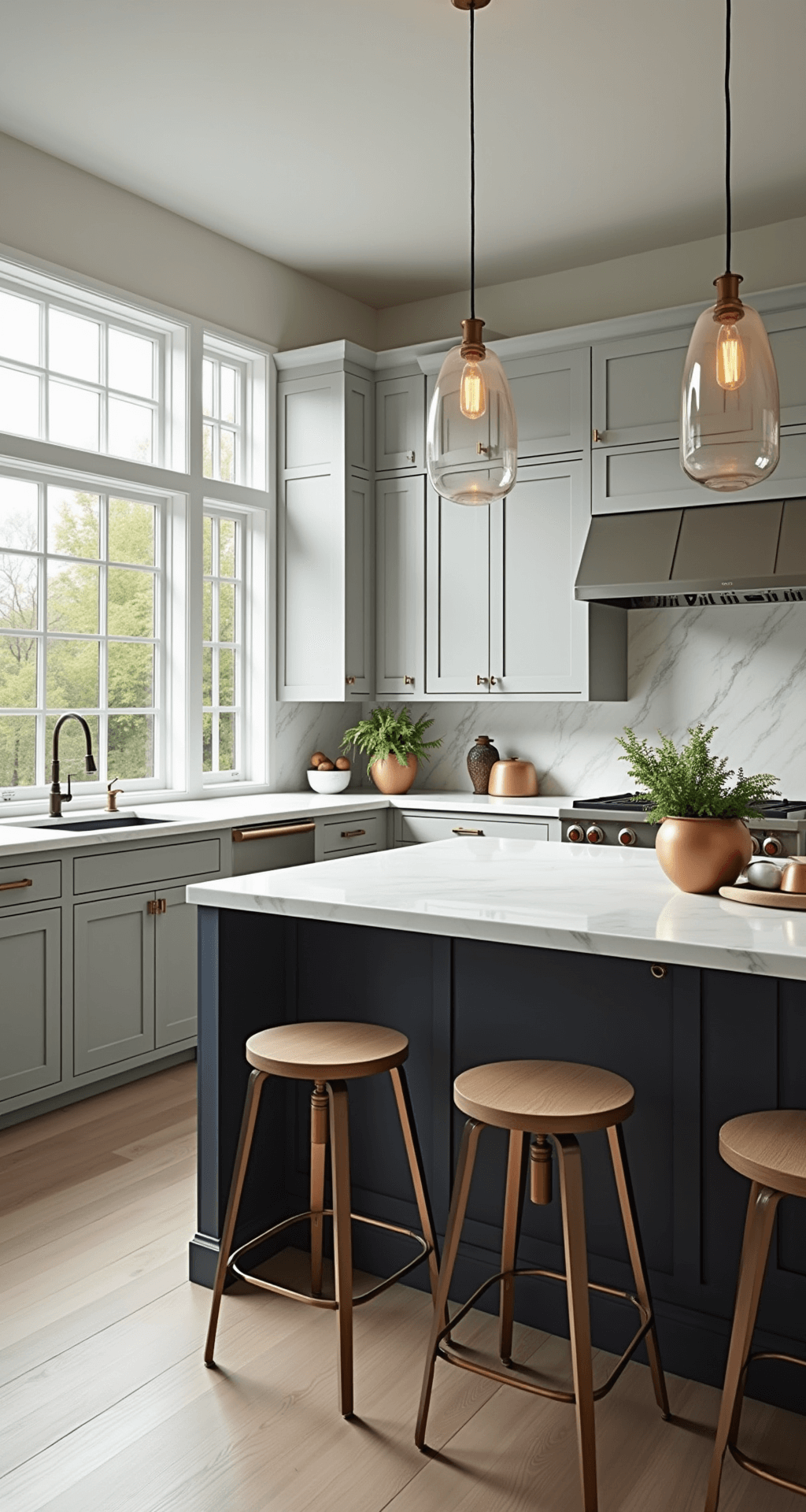 Gray Kitchen Cabinets: Your Ultimate Design Guide to Timeless Sophistication Modern gray kitchen with floor-to-ceiling windows, featuring dove gray Shaker cabinets, brass hardware, a charcoal island with white Carrara marble, and artisan ceramics. Natural light highlights polished surfaces and textured cabinets.