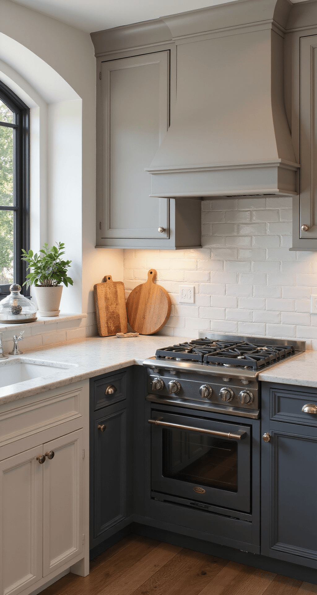 Gray Kitchen Cabinets: Your Ultimate Design Guide to Timeless Sophistication Transitional kitchen featuring two-tone gray cabinets and a vintage-inspired matte black range, beautifully lit during golden hour with an architectural archway and warm, inviting decor.
