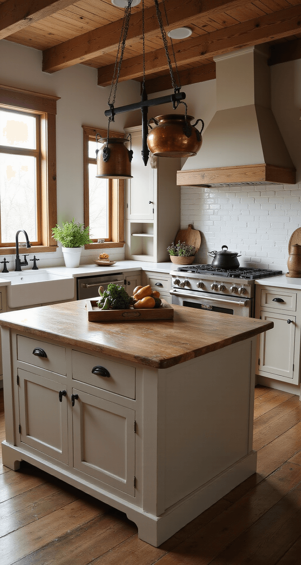 Gray Kitchen Cabinets: Your Ultimate Design Guide to Timeless Sophistication A cozy farmhouse-contemporary kitchen featuring warm greige cabinets with black iron pulls, a reclaimed wood island with modern waterfall edges, exposed wooden beams, and antique copper pots hanging from a ceiling rack, styled with vintage scales, earthenware crocks, and fresh produce, illuminated by natural and warm artificial light.