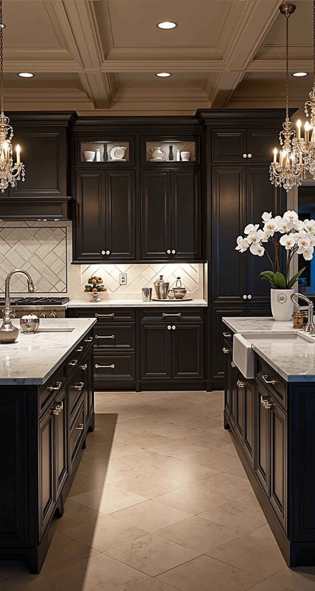Gray Kitchen Cabinets: Your Ultimate Design Guide to Timeless Sophistication A luxurious traditional kitchen with deep charcoal cabinets and marble counters, featuring a coffered ceiling and chandeliers, styled for evening entertaining with a silver tea service and orchids, seen from the doorway to capture its grandeur.
