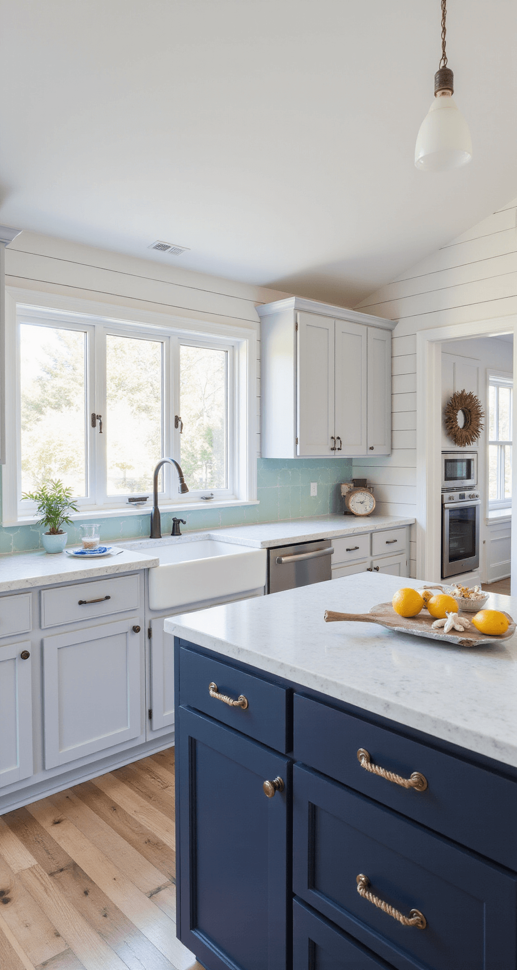 Gray Kitchen Cabinets: Your Ultimate Design Guide to Timeless Sophistication A bright coastal modern kitchen featuring pale gray cabinets with rope pulls, a navy island, and quartzite counters accented by a seafoam glass backsplash. The vaulted ceiling enhances the airy atmosphere, complemented by a white shiplap accent wall. The image captures the indoor-outdoor flow, styled with blue-white chinoiserie, driftwood, and a citrus bowl, all bathed in natural light.