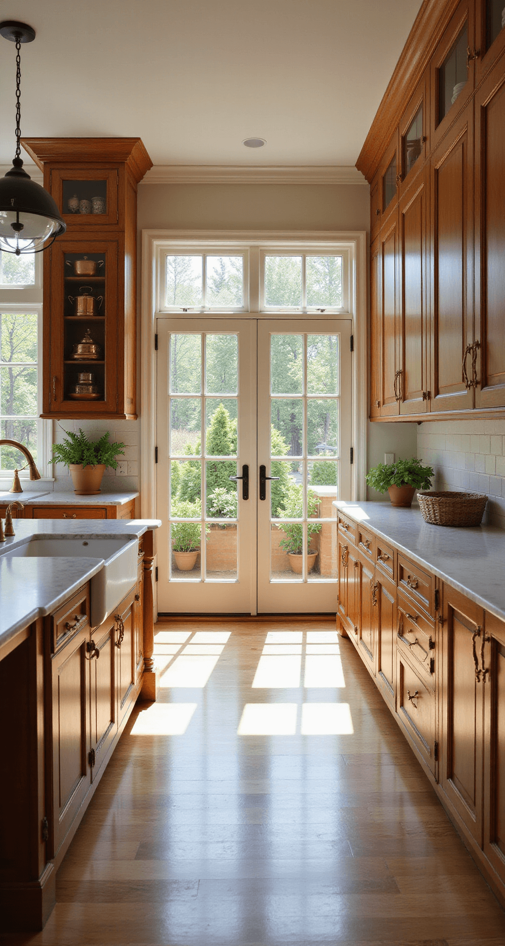 Oak Kitchen Cabinets: Your Ultimate Style Guide for Timeless Elegance A spacious traditional kitchen featuring red oak cabinets, Carrara marble countertops, and a center island, bathed in morning sunlight from large east-facing windows, with copper cookware displays and fresh herbs, viewed from the entrance.