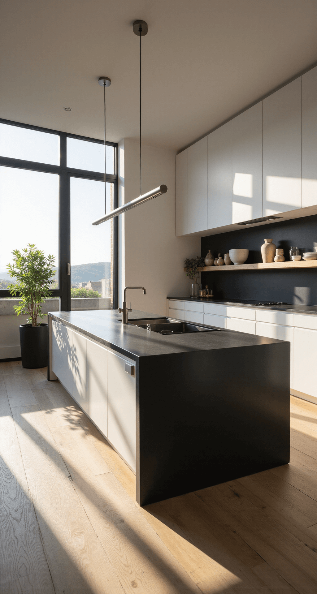 Oak Kitchen Cabinets: Your Ultimate Style Guide for Timeless Elegance Modern minimalist kitchen with white oak flat-panel cabinets and a matte black quartz waterfall island, illuminated by late afternoon sun streaming through floor-to-ceiling windows. The scene features integrated appliances, brushed steel pendant lights, floating shelves with curated ceramics, and a monstera plant in a black planter, all captured at a 45-degree angle to emphasize geometric harmony. Color palette includes blonde oak, stark white, matte black, and brushed steel.