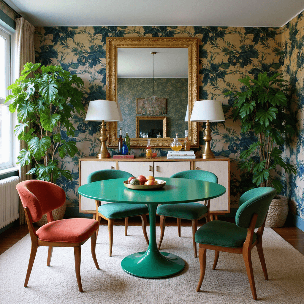 Apartment Dining Room Decor: Transform Your Small Space into a Stylish Sanctuary A vibrant dining space featuring an emerald green tulip table surrounded by vintage jewel-toned chairs, with natural light illuminating a mirrored sideboard and tropical-print wallpaper in the background. Decorative elements include brass lamps, colored glass decanters, and trailing plants, all captured in rich color saturation.