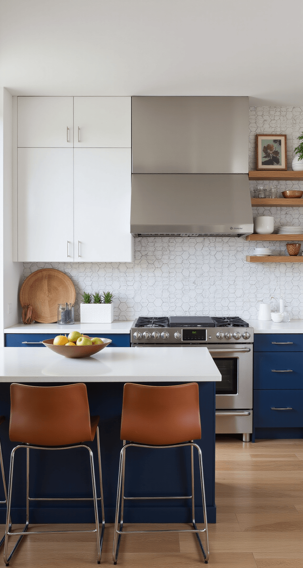Oak Kitchen Cabinets: Your Ultimate Style Guide for Timeless Elegance Contemporary two-tone kitchen featuring white oak upper cabinets and navy blue lowers, illuminated by morning light reflecting off stainless steel appliances, with a geometric tile backsplash, floating open shelves, leather and steel barstools, a sculptural fruit bowl, and a modern art print, all presented in a dramatic diagonal composition.