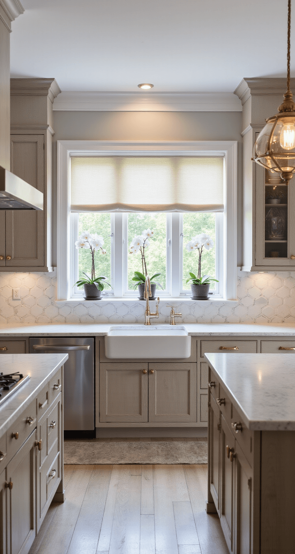 Oak Kitchen Cabinets: Your Ultimate Style Guide for Timeless Elegance Transitional kitchen featuring quarter-sawn white oak cabinets in soft gray wash, a marble hexagon backsplash, mixed metal fixtures, and geometric pendant lights, captured in diffused afternoon light with a focus on cabinet details.