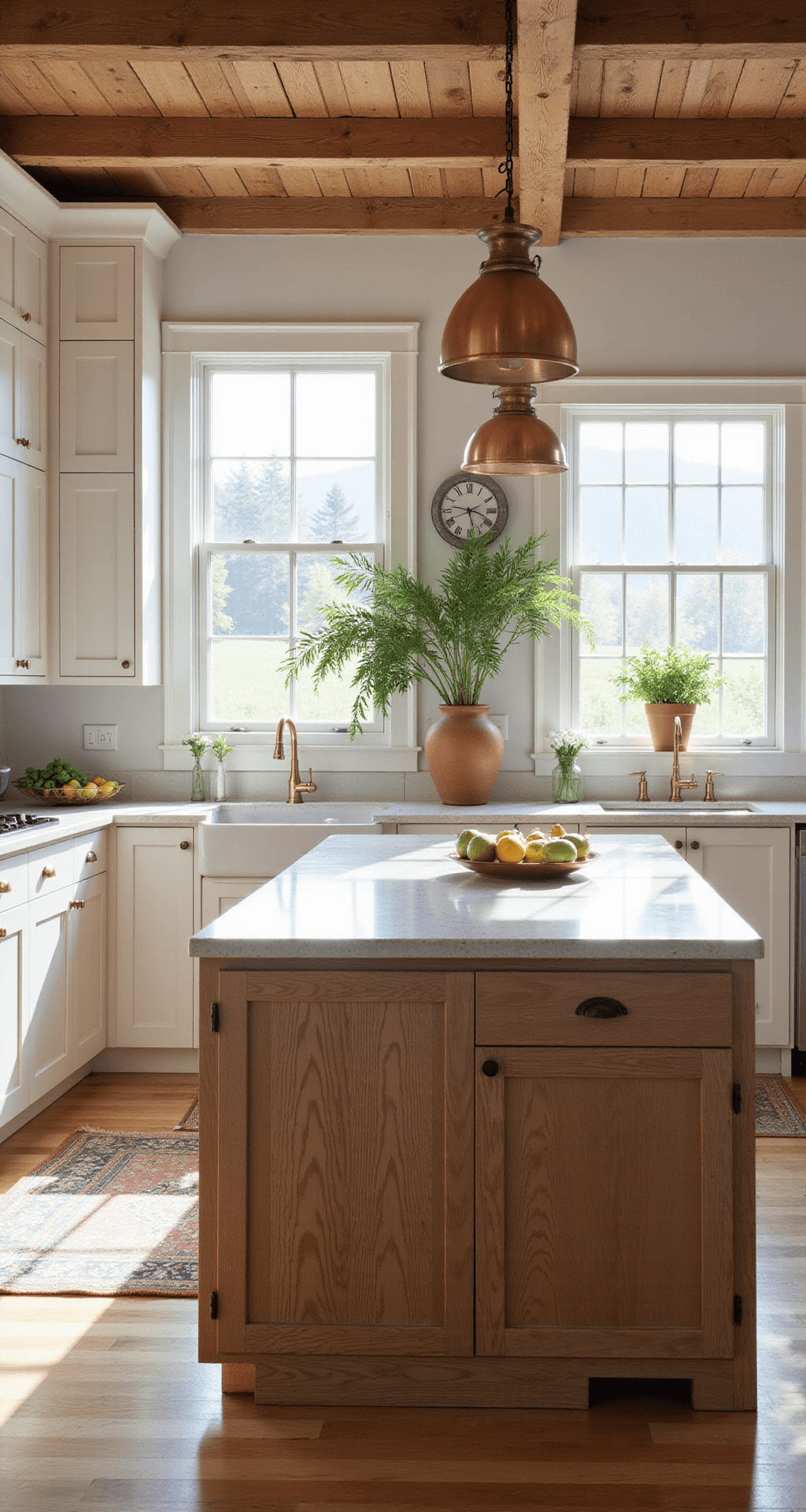 Wood Kitchen Cabinets: Your Ultimate Guide to Timeless Kitchen Design A modern farmhouse kitchen featuring white oak shaker cabinets with brass hardware, a dark oak center island with cream quartz countertops, vintage copper pendants, and abundant natural light filtering through triple-pane windows, styled with artisanal ceramics, terracotta pots with fresh herbs, and a colorful fruit bowl.