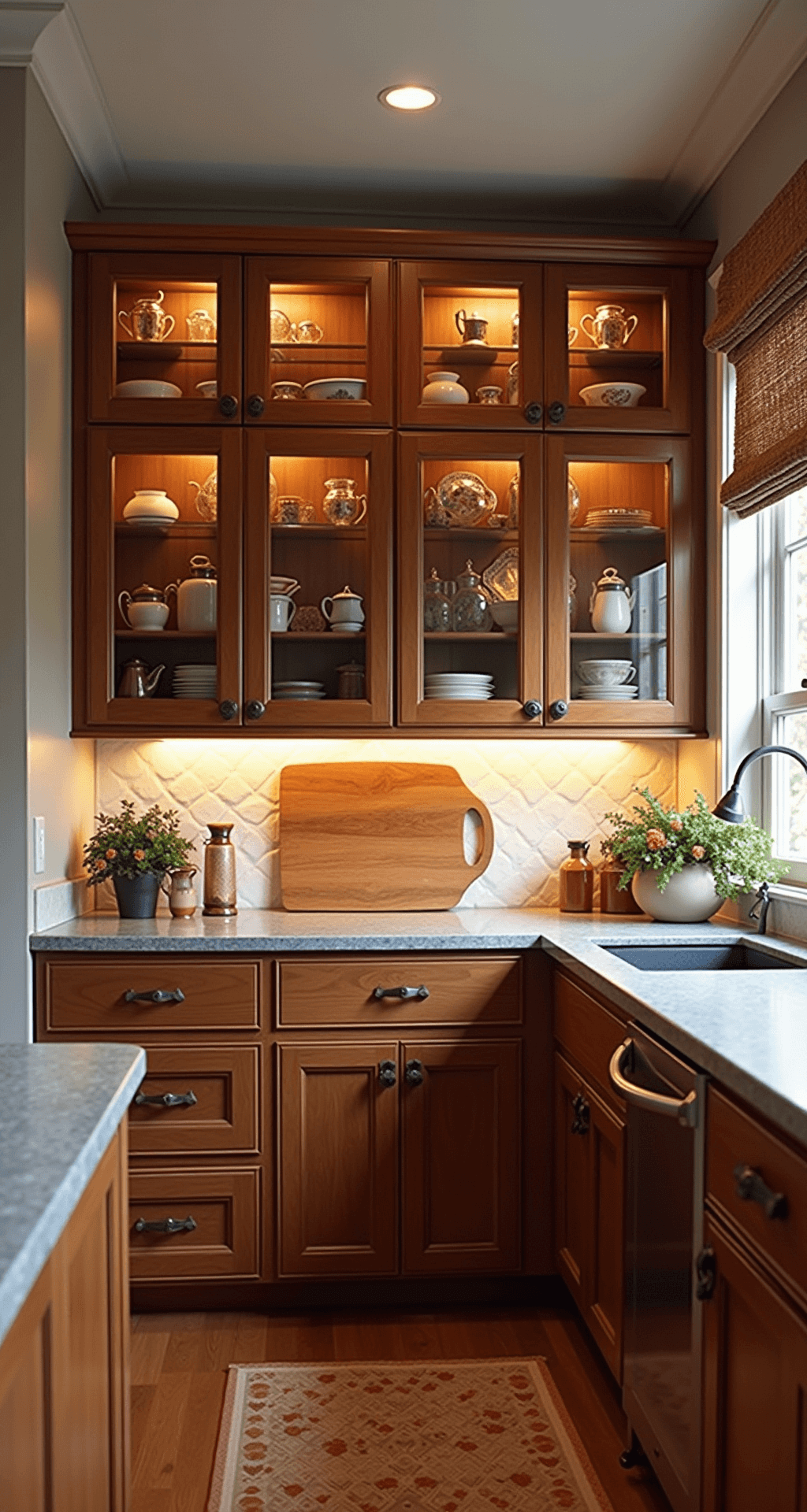 Wood Kitchen Cabinets: Your Ultimate Guide to Timeless Kitchen Design Cozy transitional kitchen bathed in golden hour light, showcasing floor-to-ceiling cherry wood cabinets, glass-front upper cabinets with curated dishware, and grey soapstone counters illuminated by warm LED under-cabinet lighting. Copper cookware hangs from a ceiling-mounted rack, while the space is styled with an artisanal breadboard, fresh flowers, and vintage-inspired tea towels.
