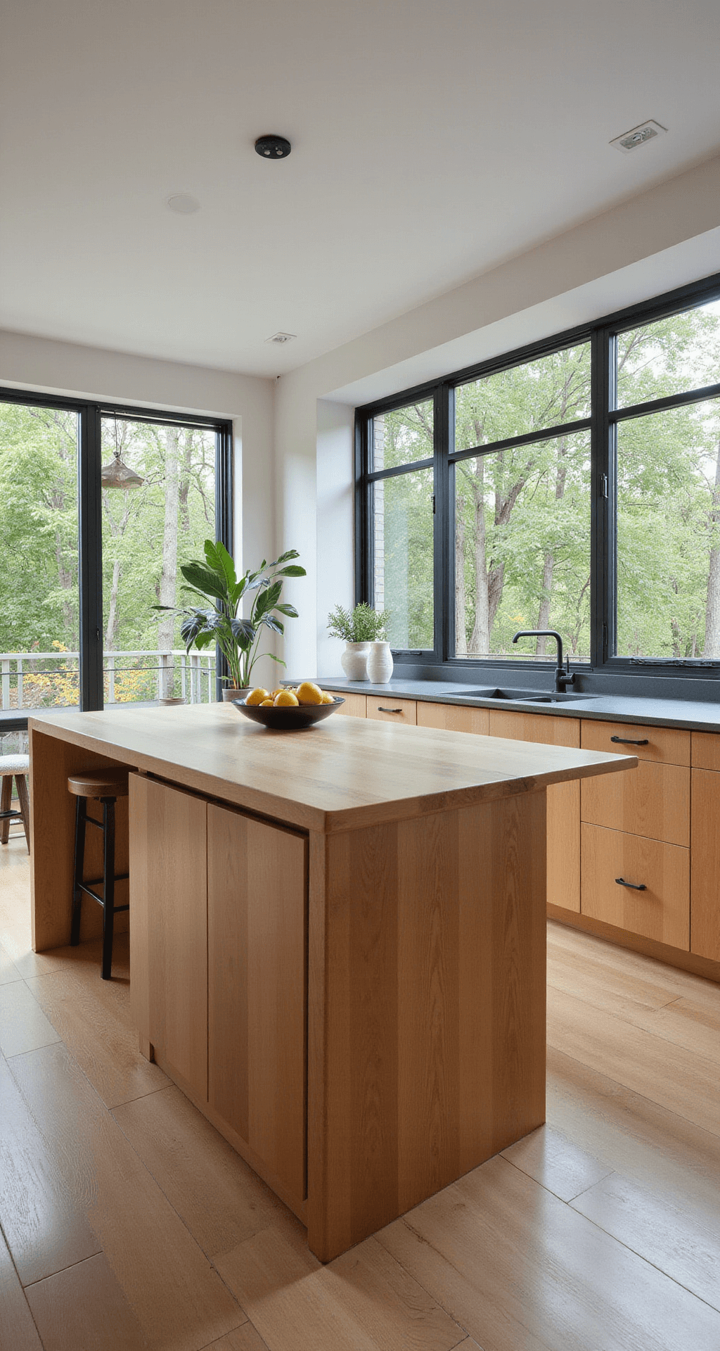 Wood Kitchen Cabinets: Your Ultimate Guide to Timeless Kitchen Design Contemporary minimal kitchen featuring sleek maple slab-front cabinets, a waterfall island, double-height windows, and matte black hardware, styled with a geometric fruit bowl and minimalist ceramics.