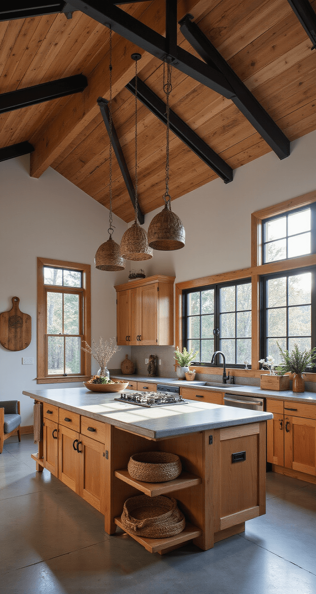 Wood Kitchen Cabinets: Your Ultimate Guide to Timeless Kitchen Design A rustic-modern kitchen featuring knotty alder cabinets in honey finish, black steel-framed windows, and rough-hewn wooden beams, with a wood and concrete center island, dramatic pendant lights, and styled decor including vintage cutting boards and woven baskets.