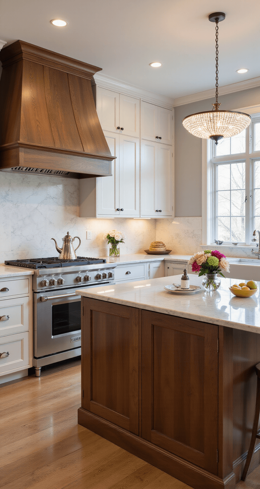 Wood Kitchen Cabinets: Your Ultimate Guide to Timeless Kitchen Design High-end traditional kitchen featuring painted perimeter cabinets and a walnut island, with a custom hood, marble backsplash, crystal chandelier, and professional-grade stainless steel appliances, styled with a silver tea service and fresh flowers.