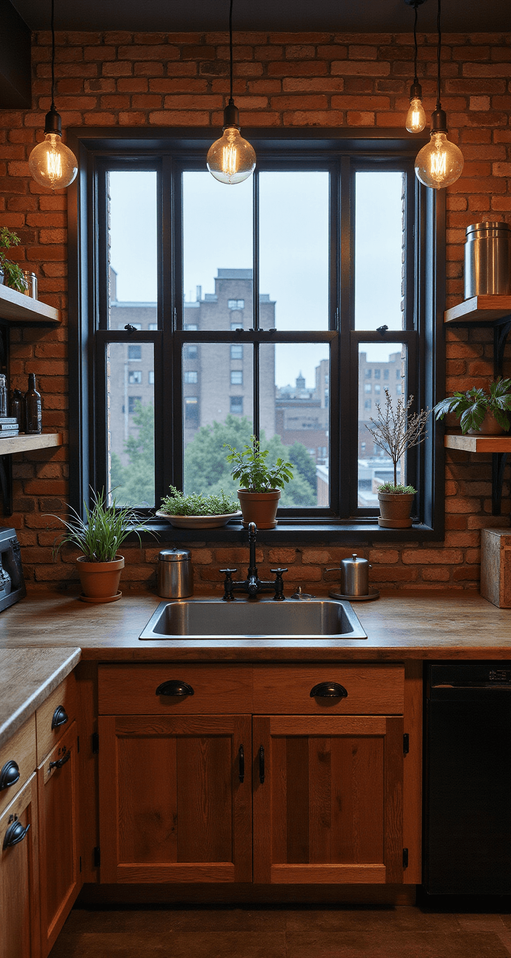 Wood Kitchen Cabinets: Your Ultimate Guide to Timeless Kitchen Design Industrial-chic kitchen with reclaimed wood cabinets and metal accents, exposed brick wall, metal shelving, Edison bulb pendants, black steel windows framing a city view at dusk, styled with vintage scales, industrial canisters, and potted herbs.