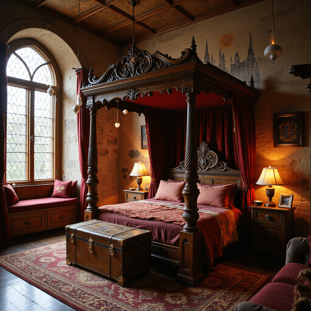 Magical Makeover: Creating the Ultimate Harry Potter Bedroom A grand Gryffindor-themed bedroom featuring a four-poster bed draped in crimson velvet, weathered stone-effect walls with a Hogwarts mural, and floating electric candles, all illuminated by warm golden hour light.